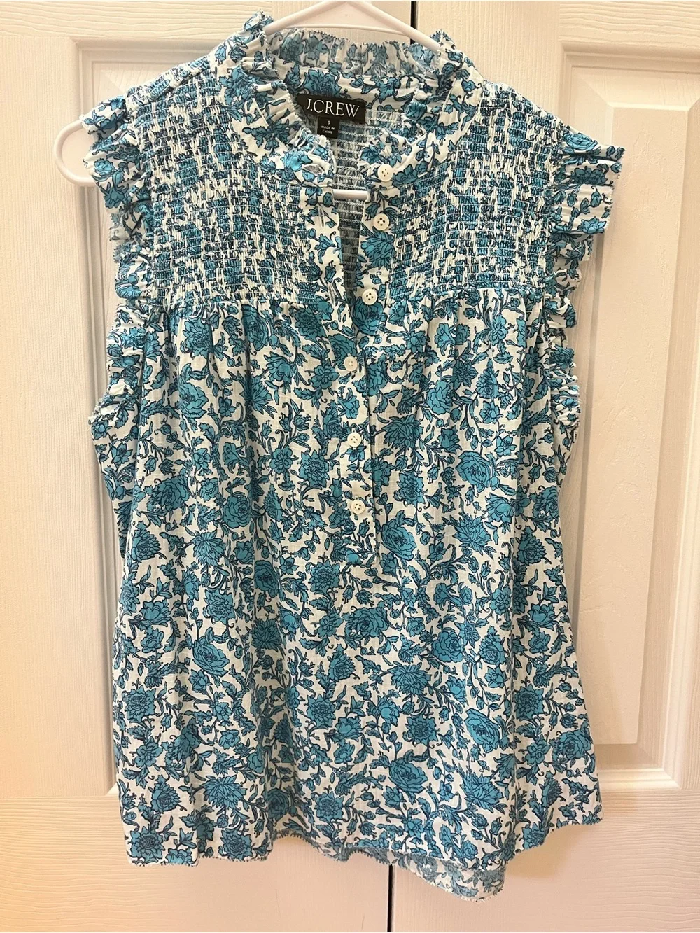 J. Crew Floral Smocked Sleeveless Blouse Teal Size Small
